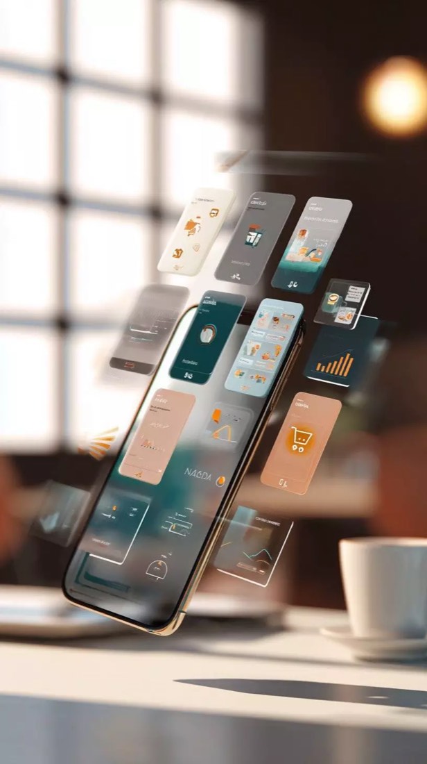 SmartGuest analytics surfaced on a phone as floating dashboard cards