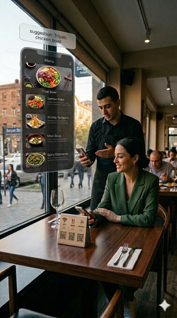 A waiter recommends a dish to a recognised, seated guest