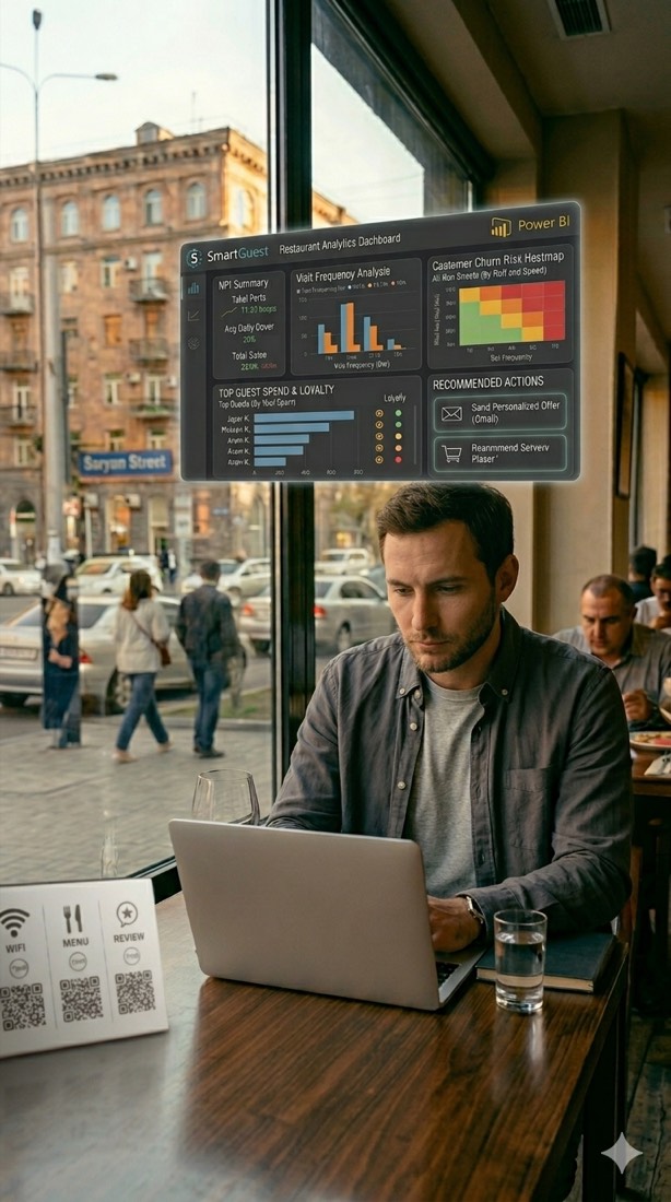 An owner reviews the SmartGuest analytics dashboard on a laptop